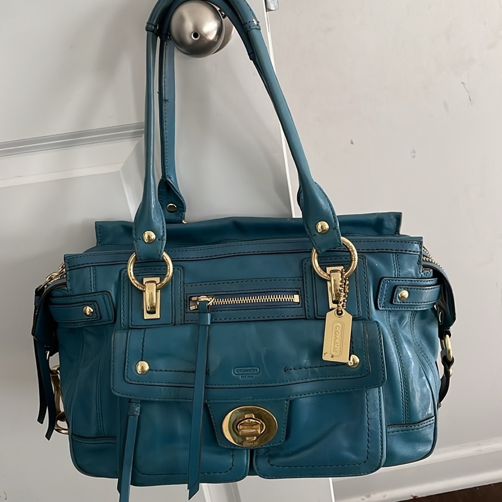 Coach Hampton Lindsay Satchel F12475 Teal Medium Size Structured Pockets Galore - Picture 2 of 16
